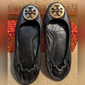 Tory Burch Sz 7 Women Ballet Flats Reva Gold Designer Logo Black Leather